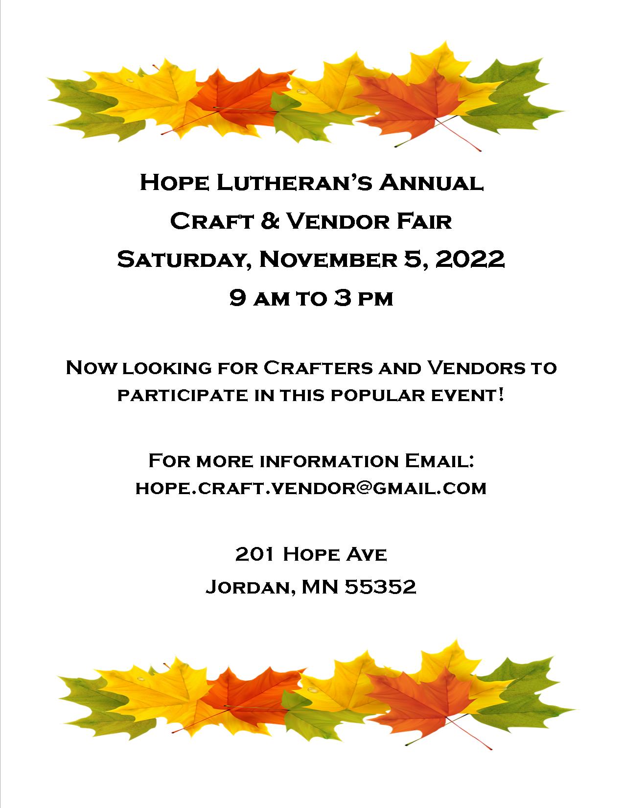 Hope Lutheran Church Hope’s Craft & Vendor Fair